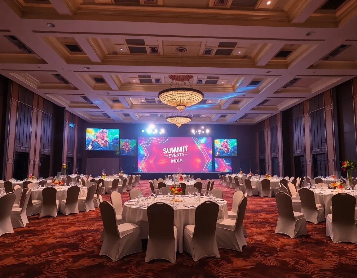 A grand ballroom set up for a corporate awards night gala in a luxury hotel in New Delhi, with elegant table settings and stage lighting.
