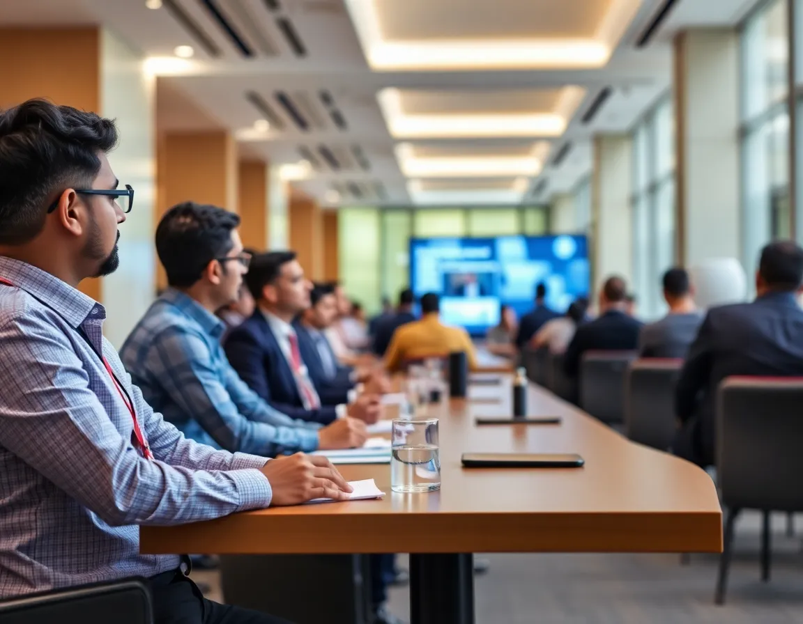 A professional on a laptop participating in a virtual conference, showing a multi-panel screen with speakers and audience interaction.