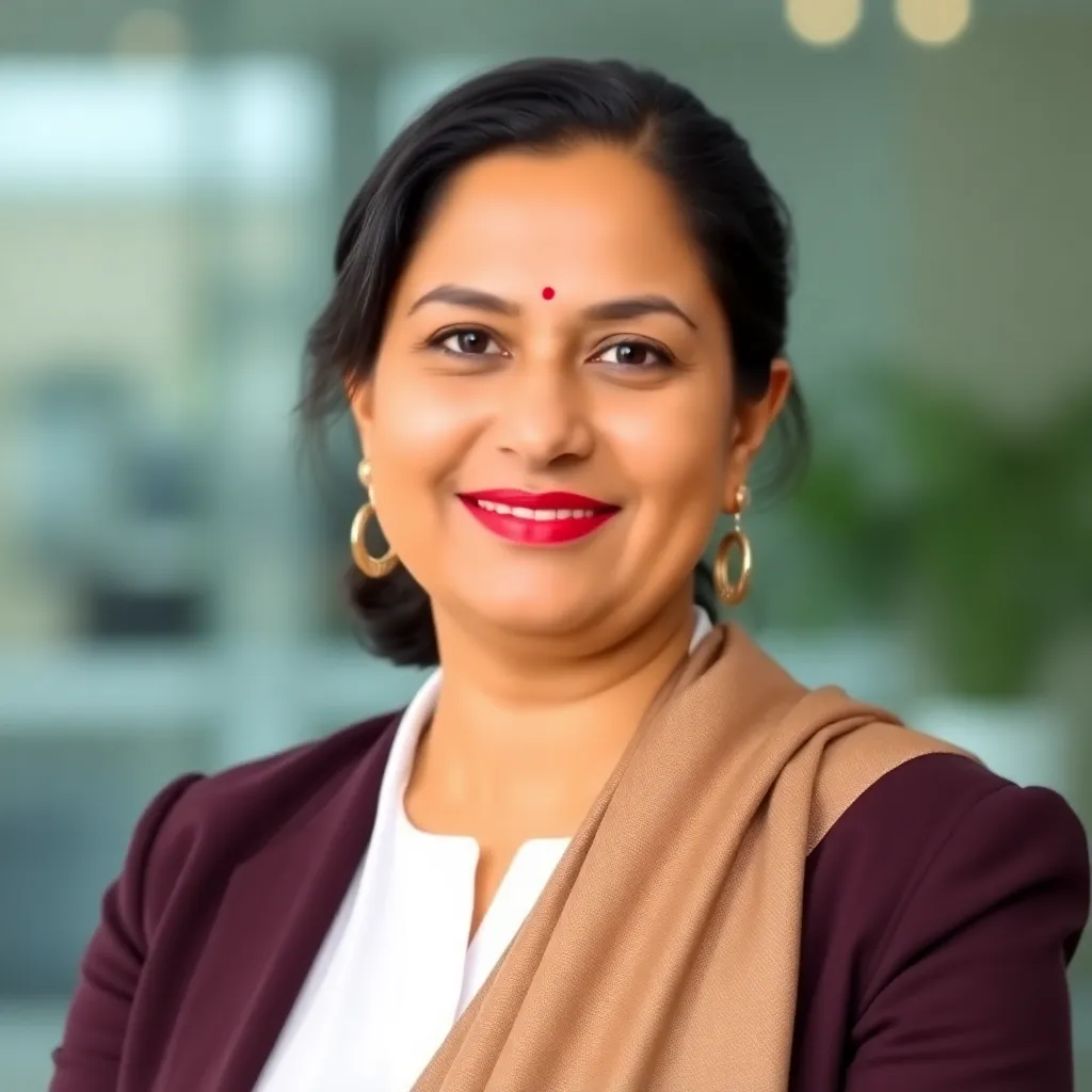 Professional headshot of Priya Sharma, a confident Indian woman in her 40s, CEO.